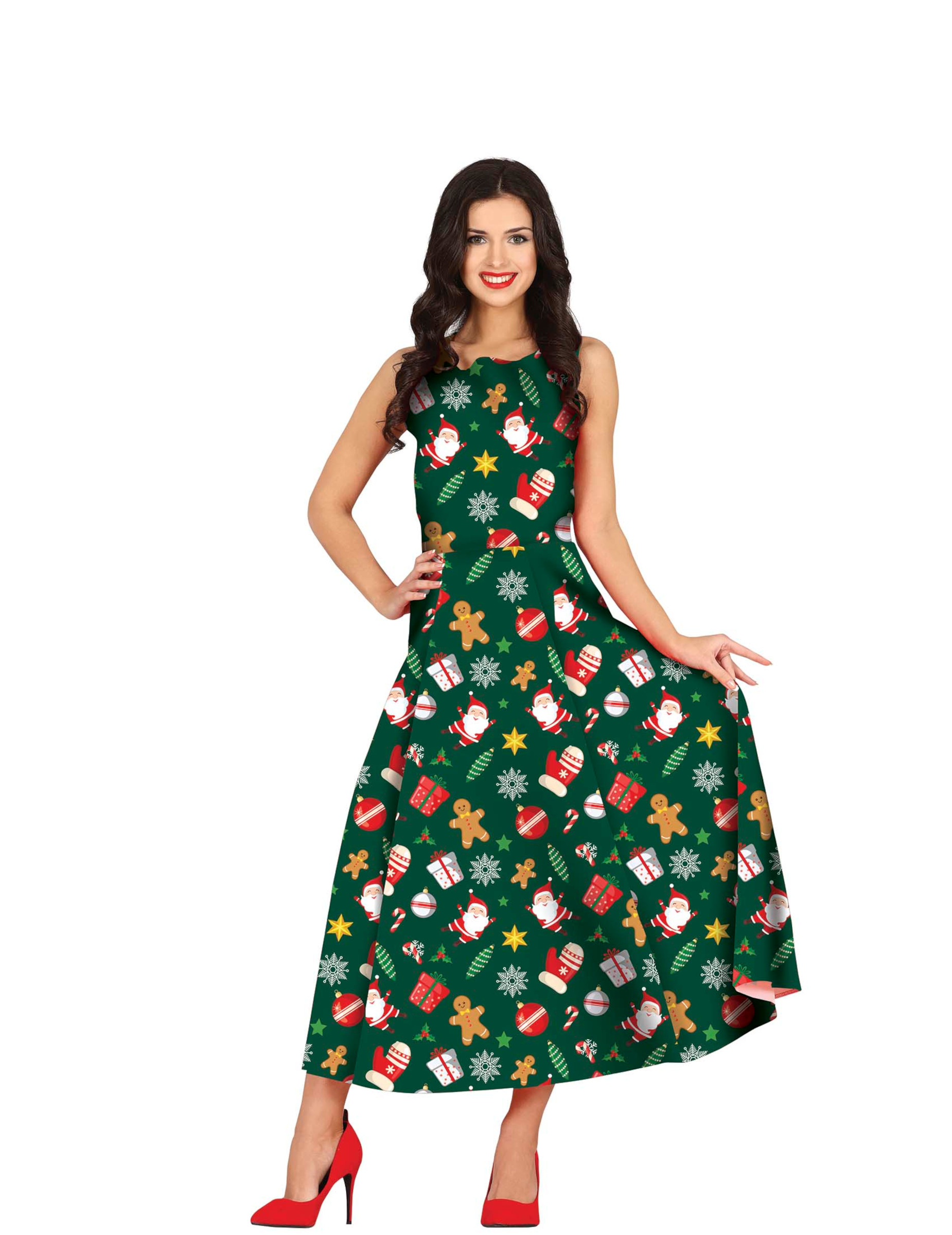 Robe longue verte à motifs Noël femme