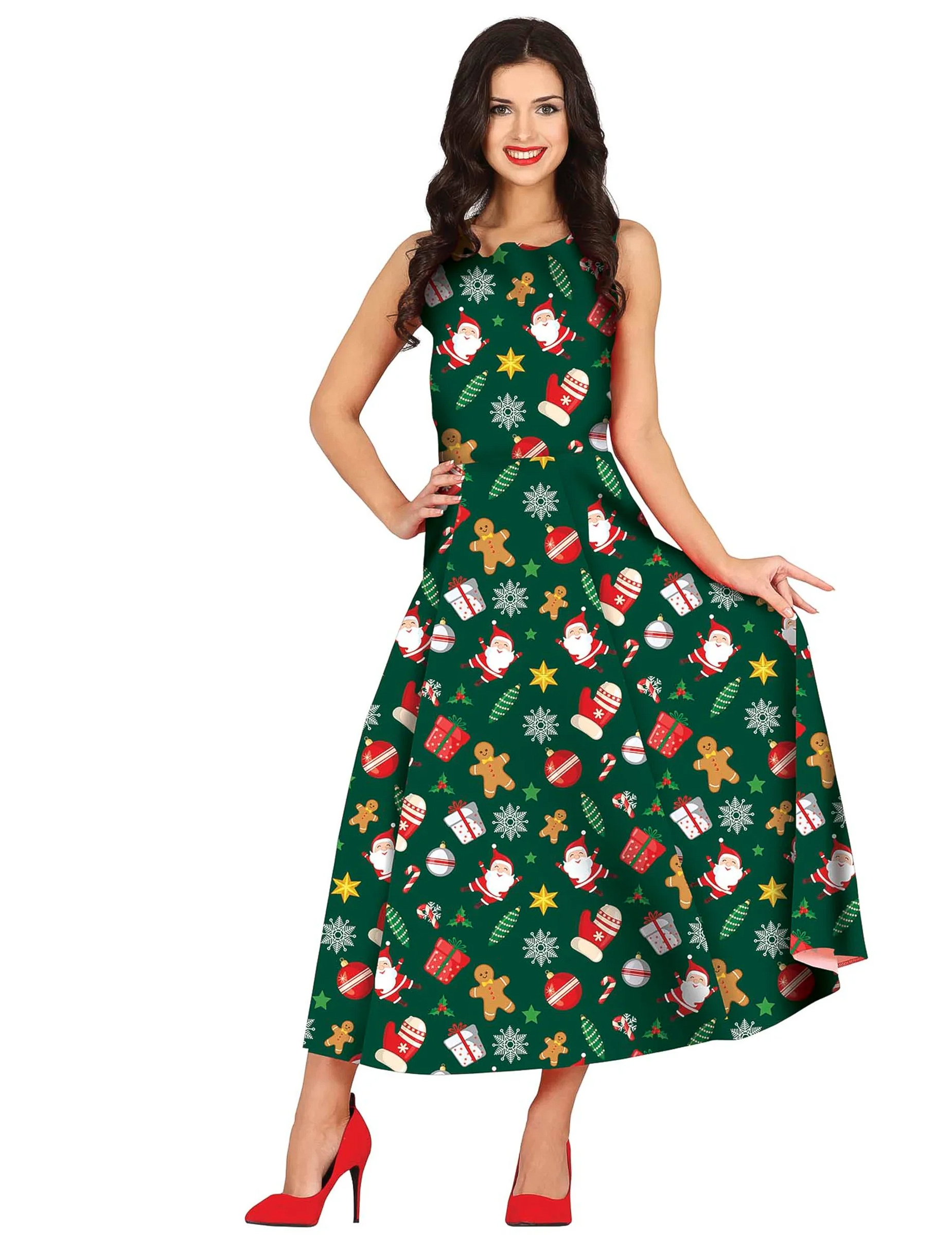 Robe longue verte à motifs Noël femme