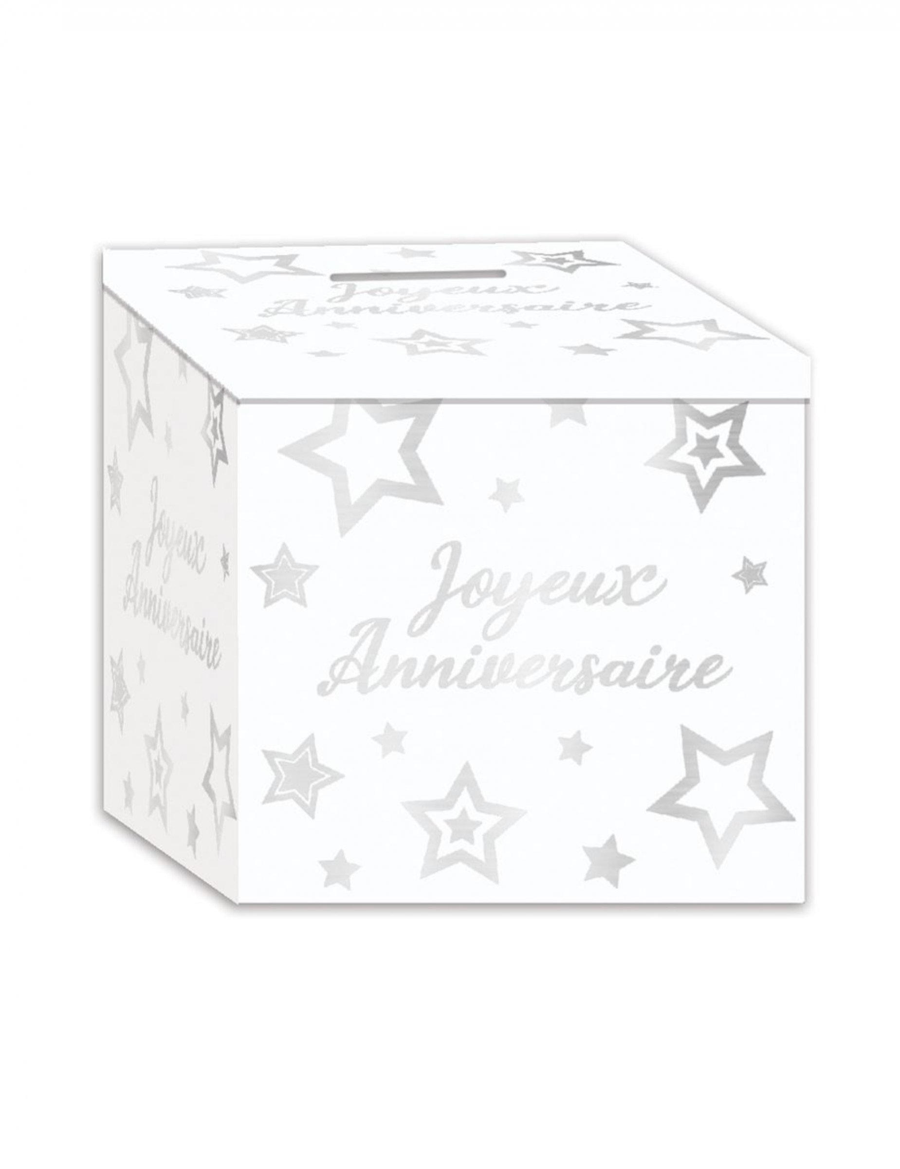 Urne en carton joyeux anniversaire blanc et argenté