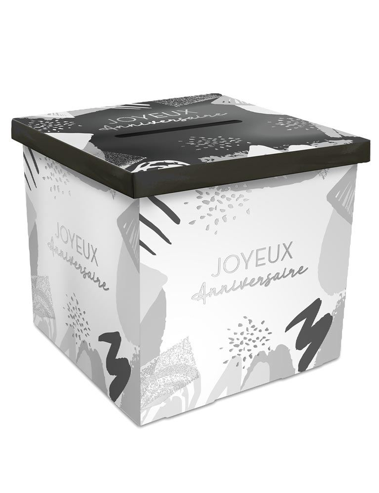 Urne en carton joyeux anniversaire blanc  et argenté