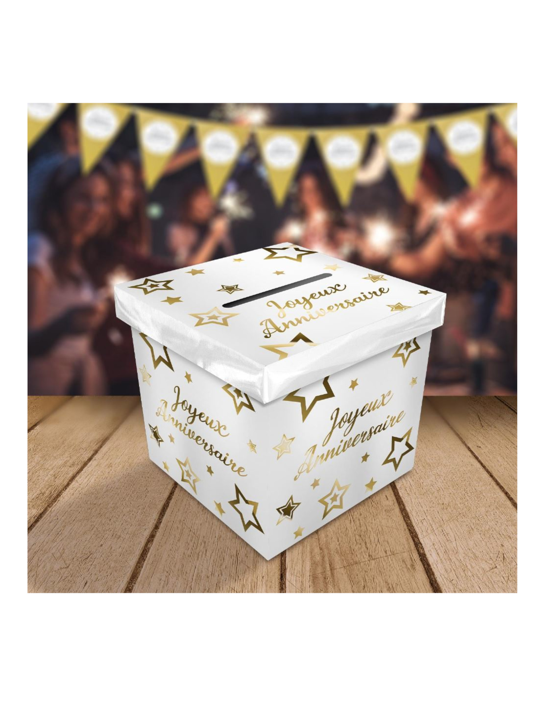 Urne en carton joyeux anniversaire blanc et doré