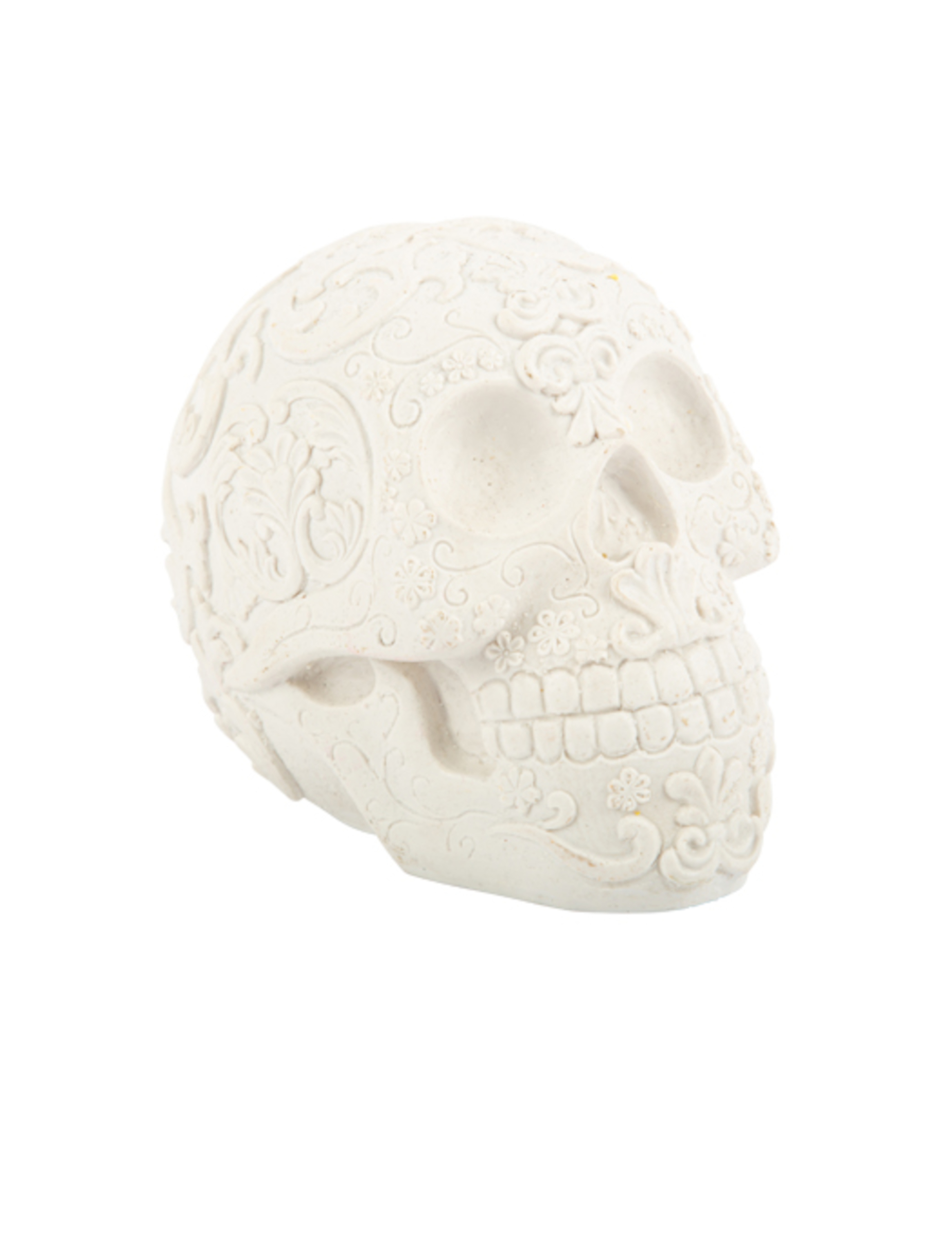 Tête de mort blanche avec motifs calaveras en relief 14 cm
