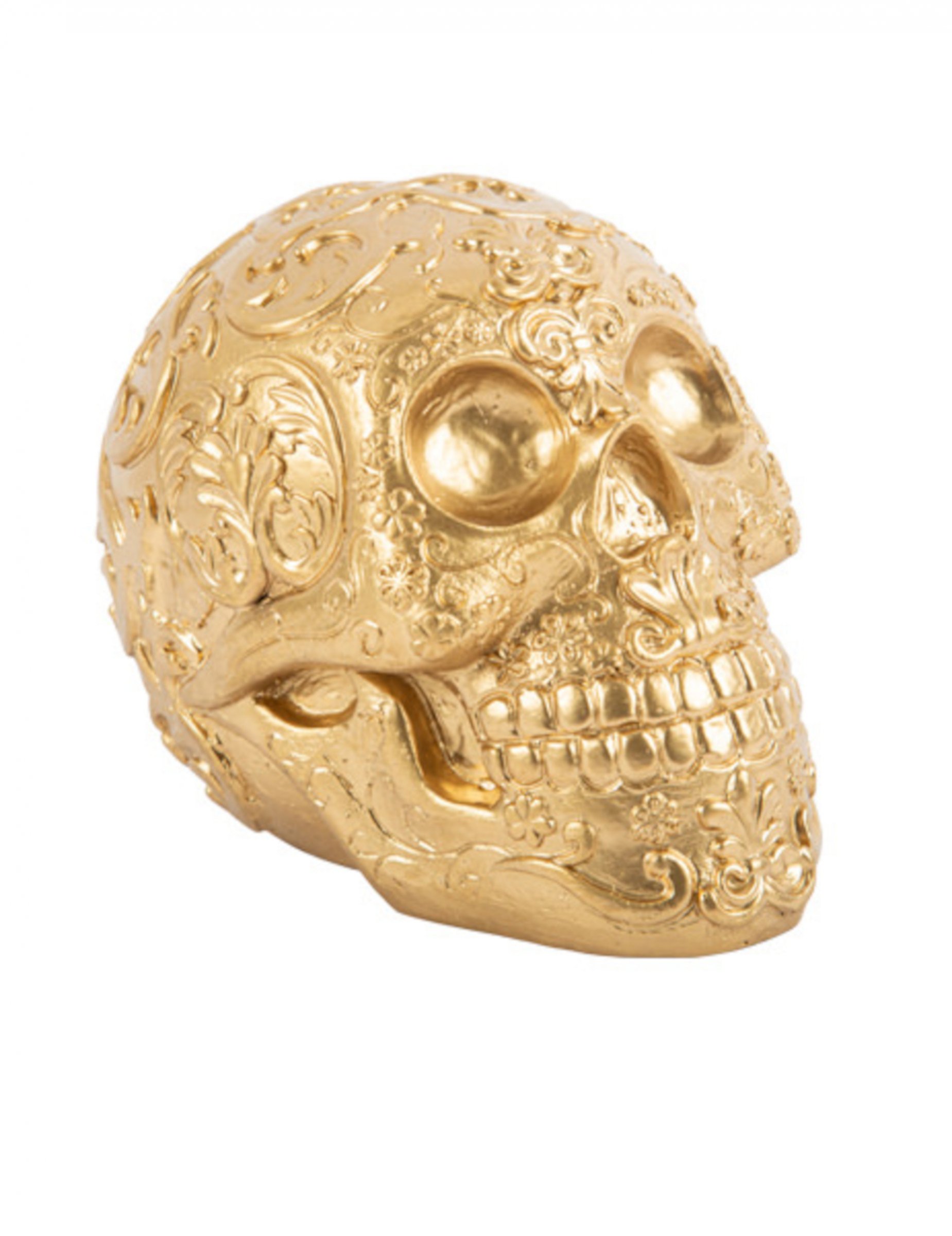 Tête de mort dorée avec motifs calaveras en relief 14 cm