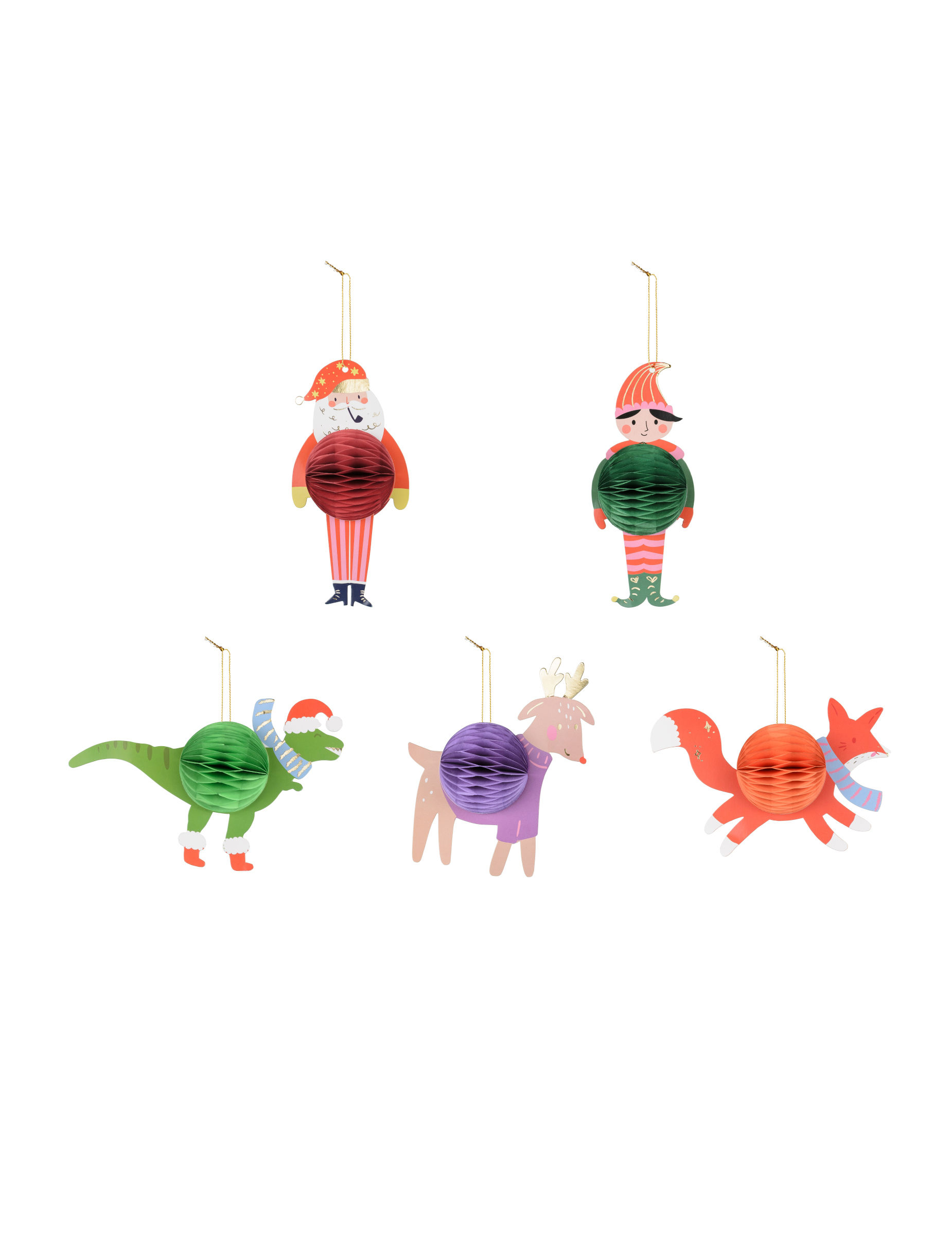 5 Décorations de sapin personnages de Noël en papier