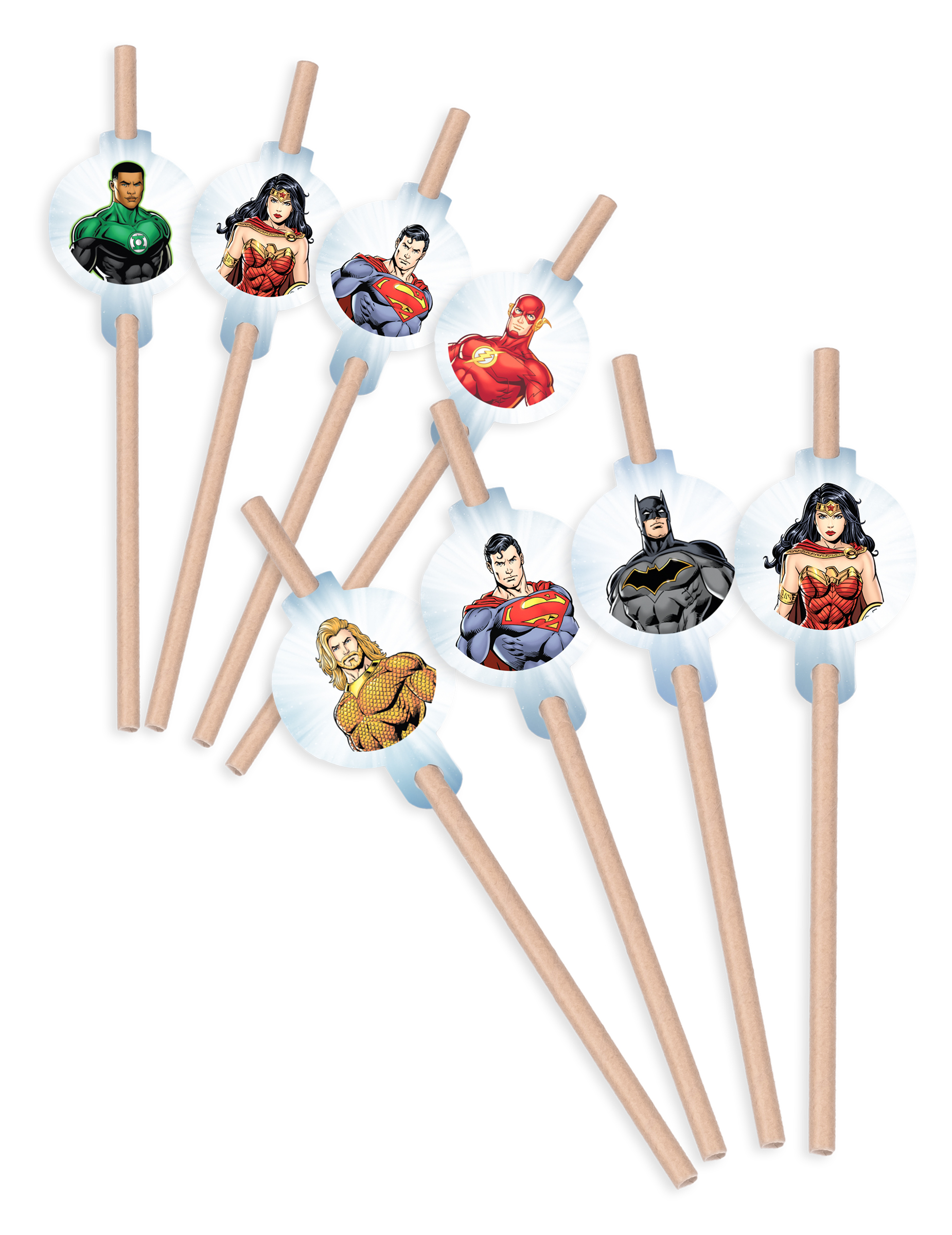 8 pailles médaillon en carton Justice League 20cm