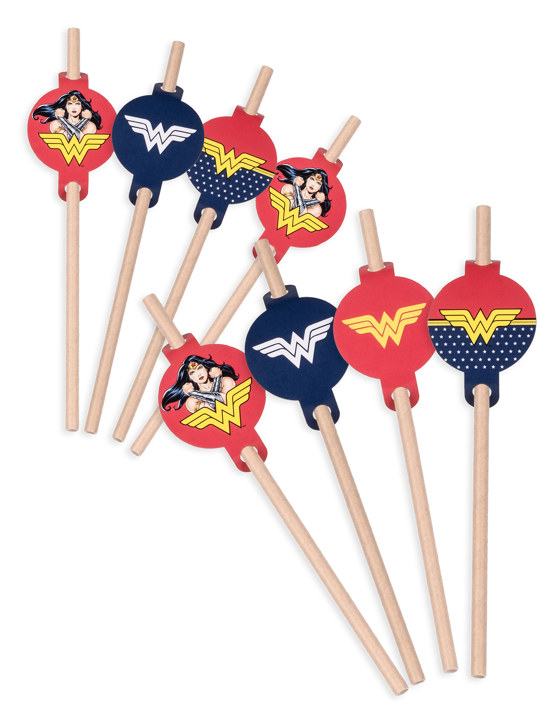 8 pailles médaillon en carton Wonder Woman 20cm