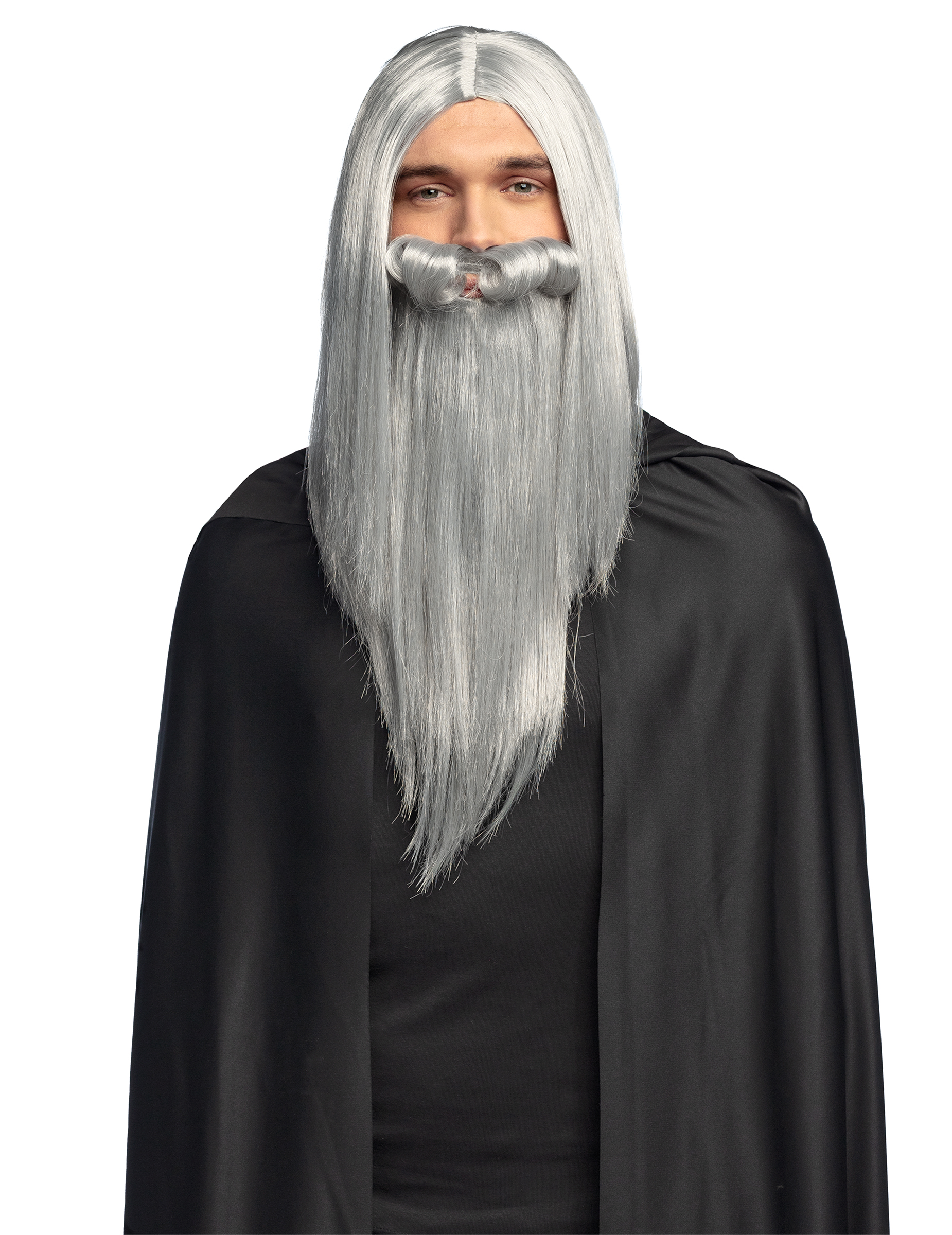 Perruque et barbe de sorcier magicien gris adulte