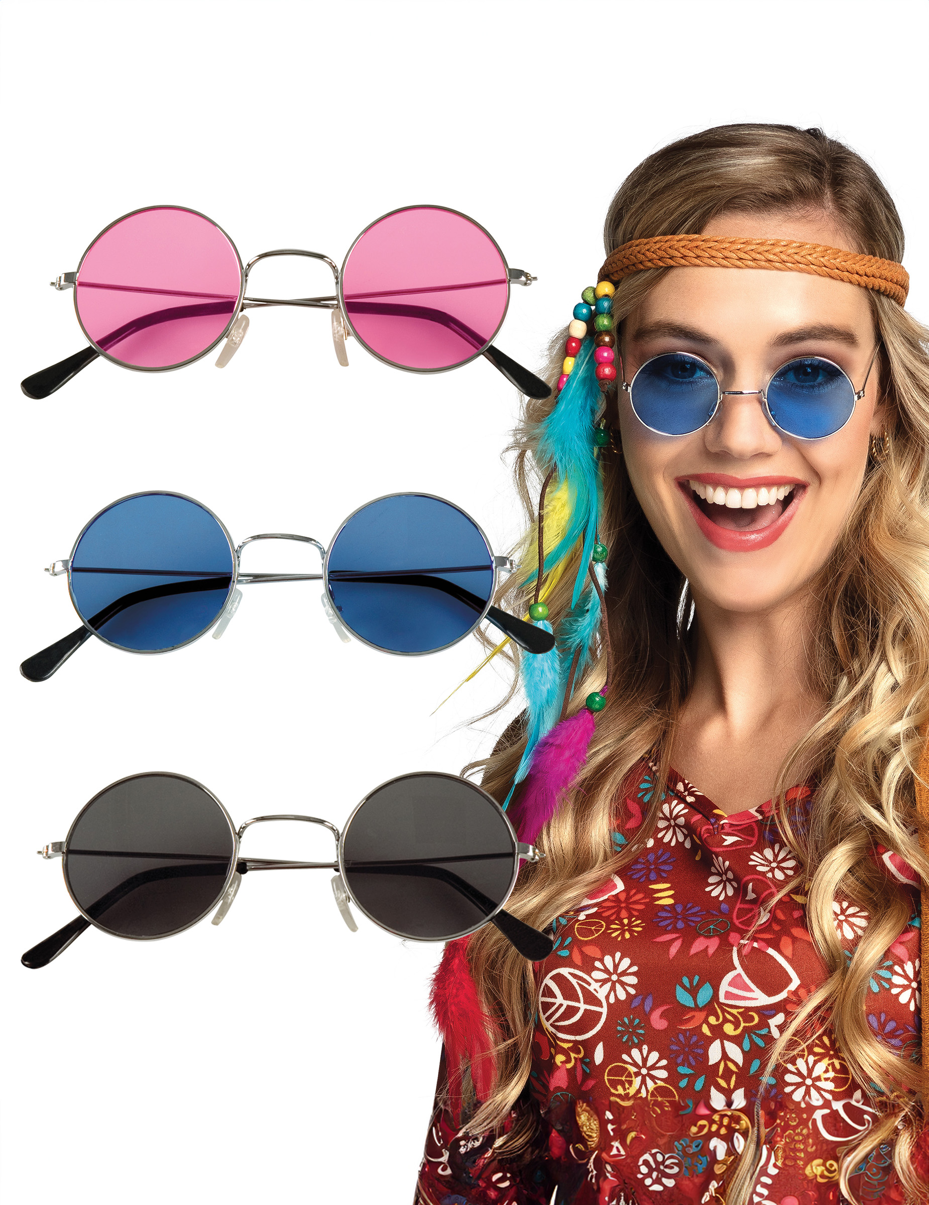 Lot de 3 lunettes rondes hippies adulte