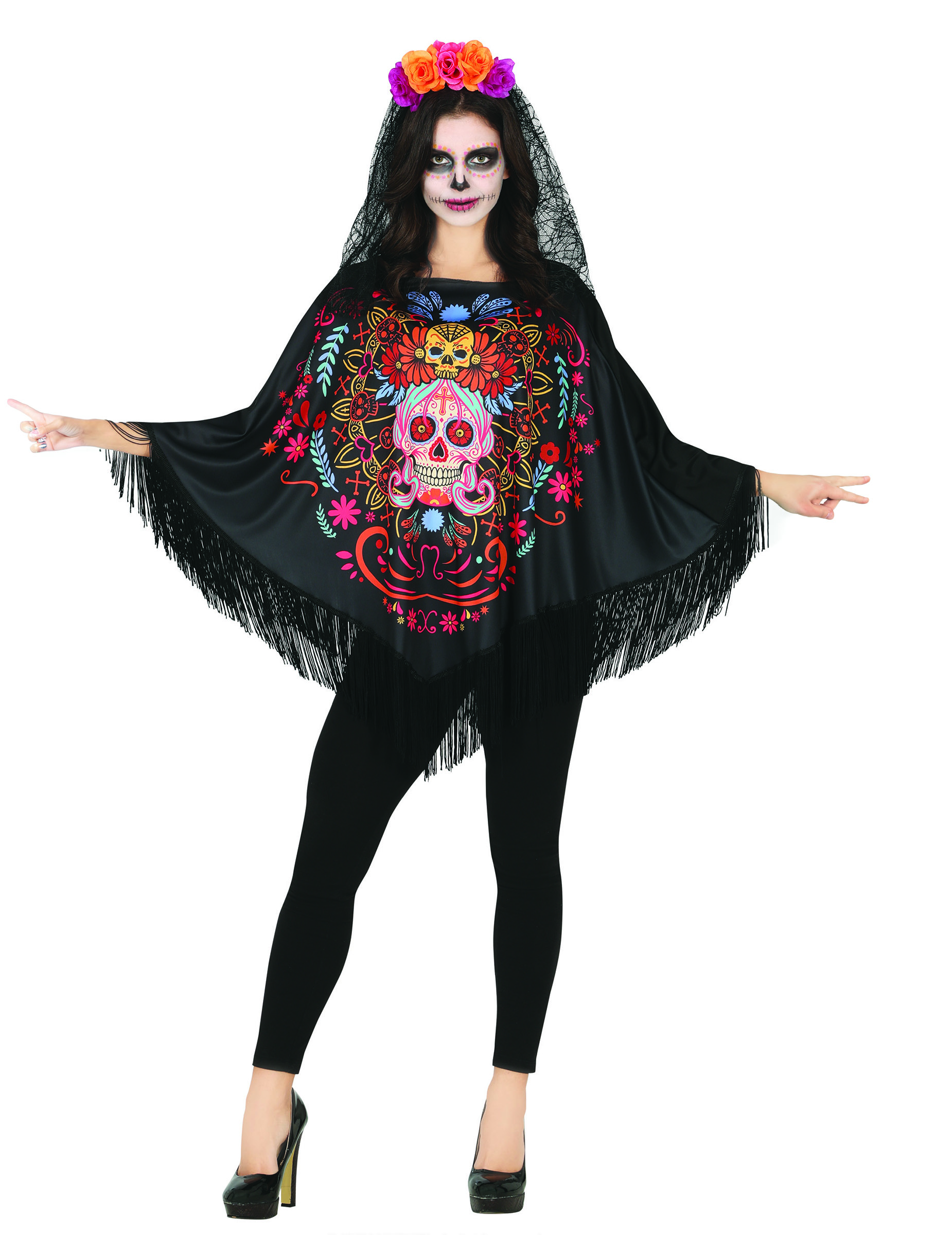 Poncho squelette coloré Dia de los muertos adulte