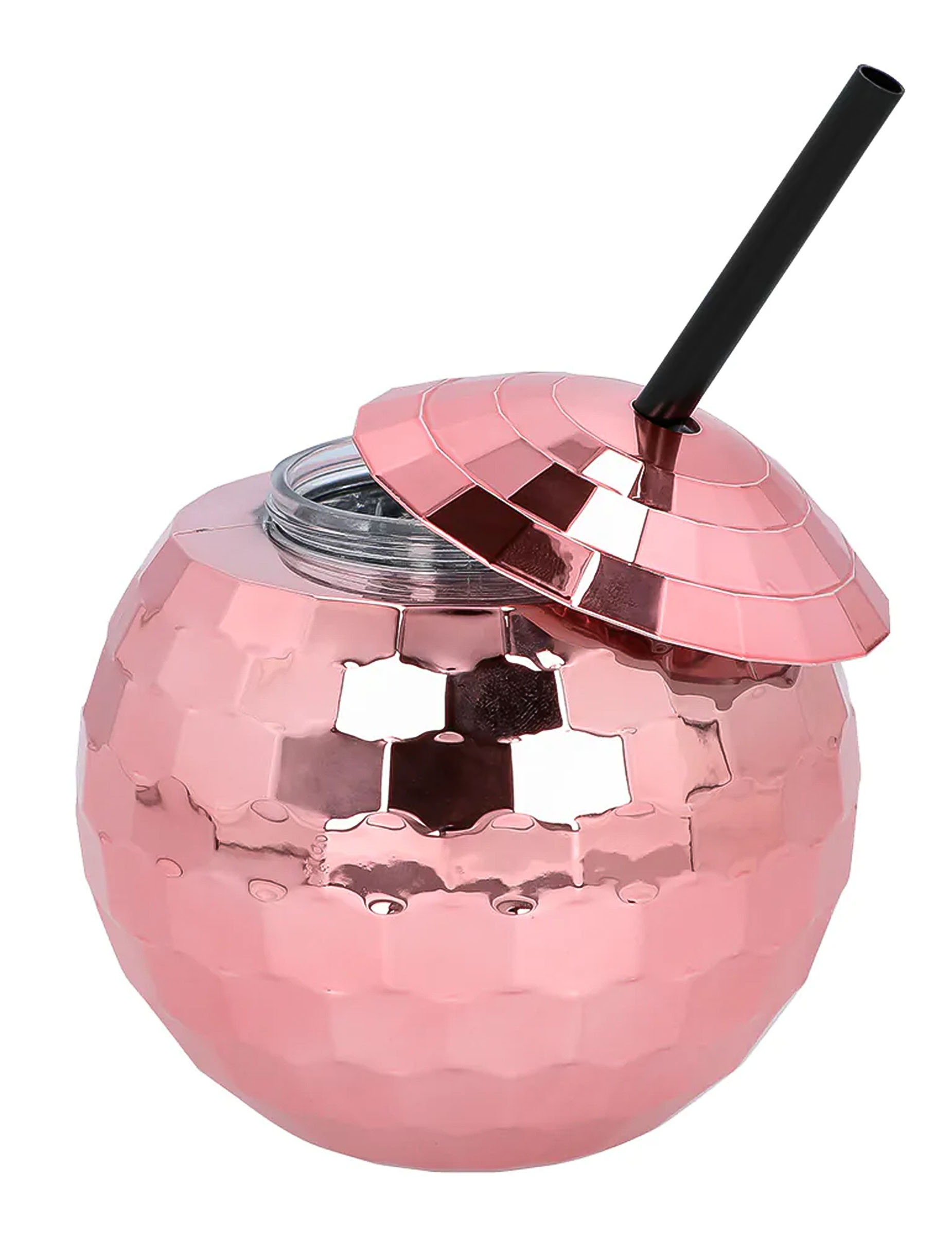 Gobelet boule disco avec paille rose 650 ml