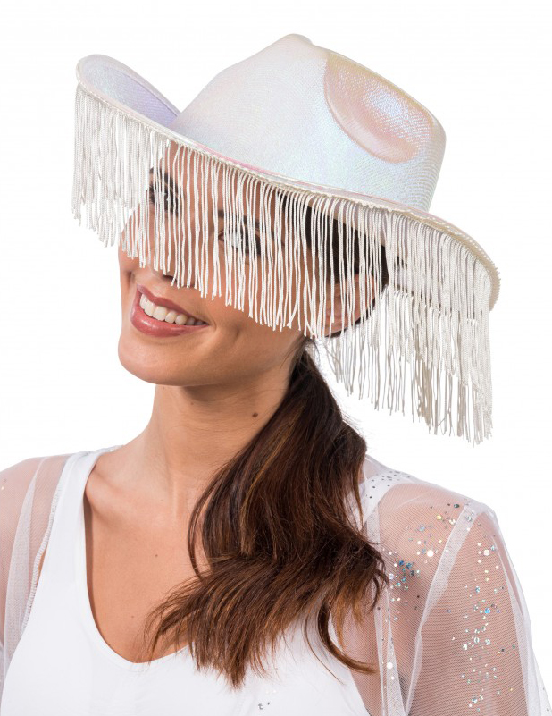 Chapeau de cowboy irisé blanc avec franges adulte