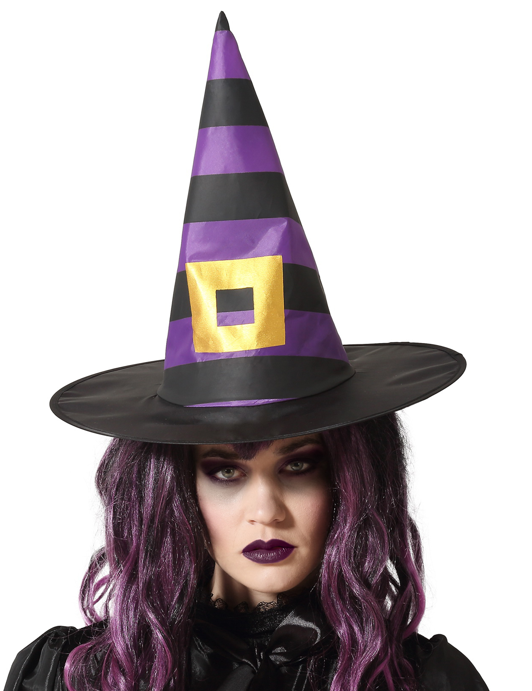 Chapeau de sorcière à rayures violet et noir