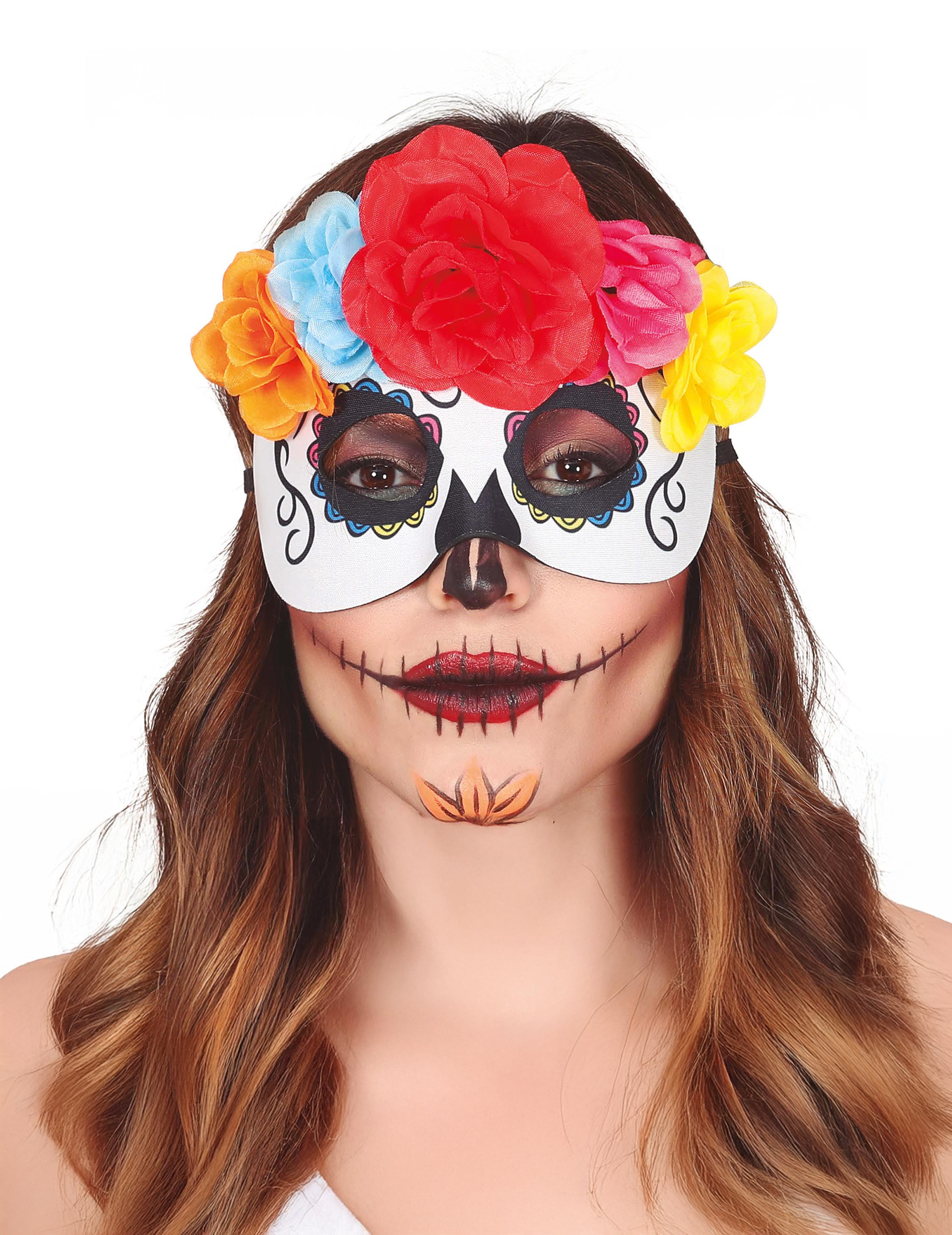 Loup fleurs colorées Dia de los muertos adulte