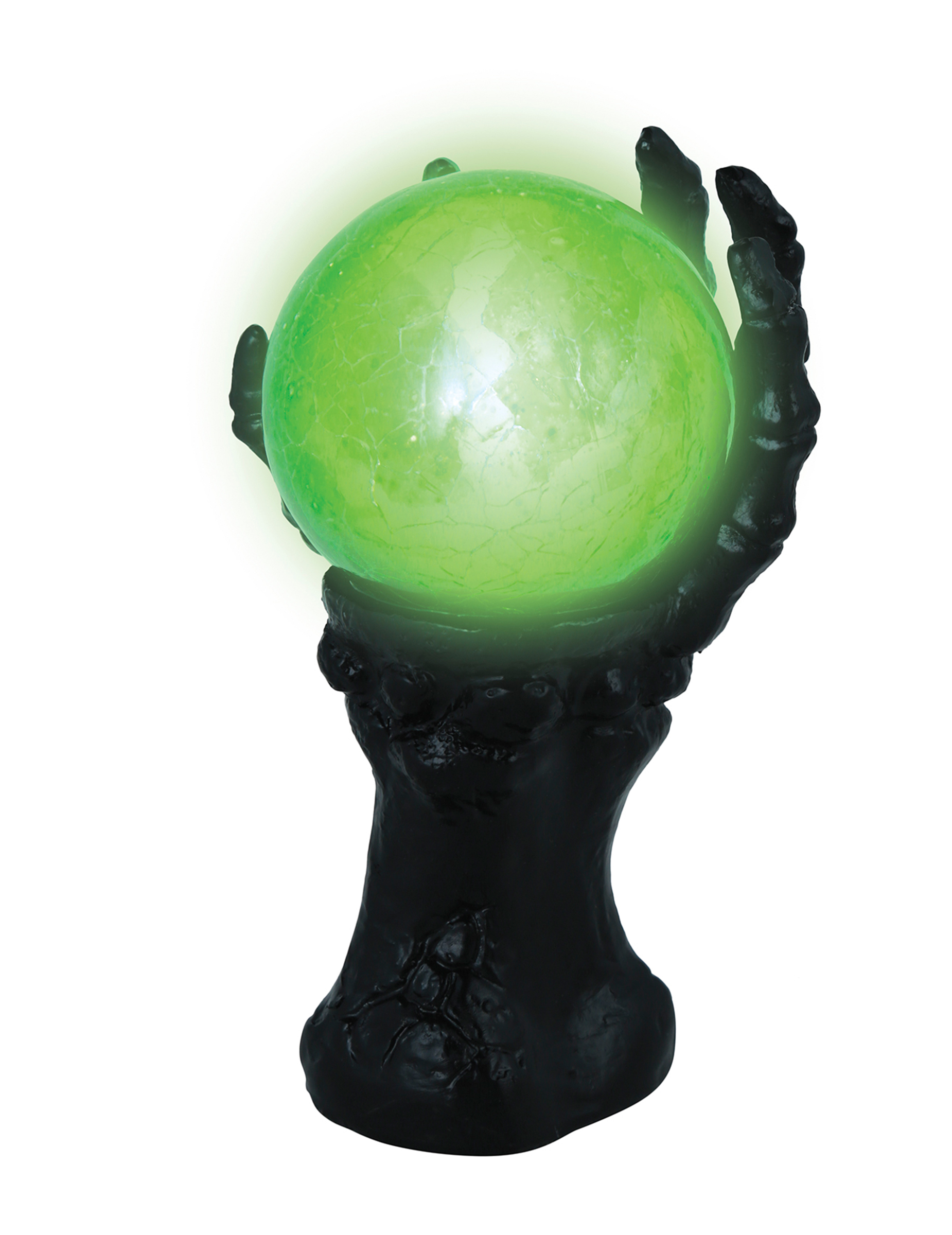 Main squelette noire avec boule de cristal lumineuse