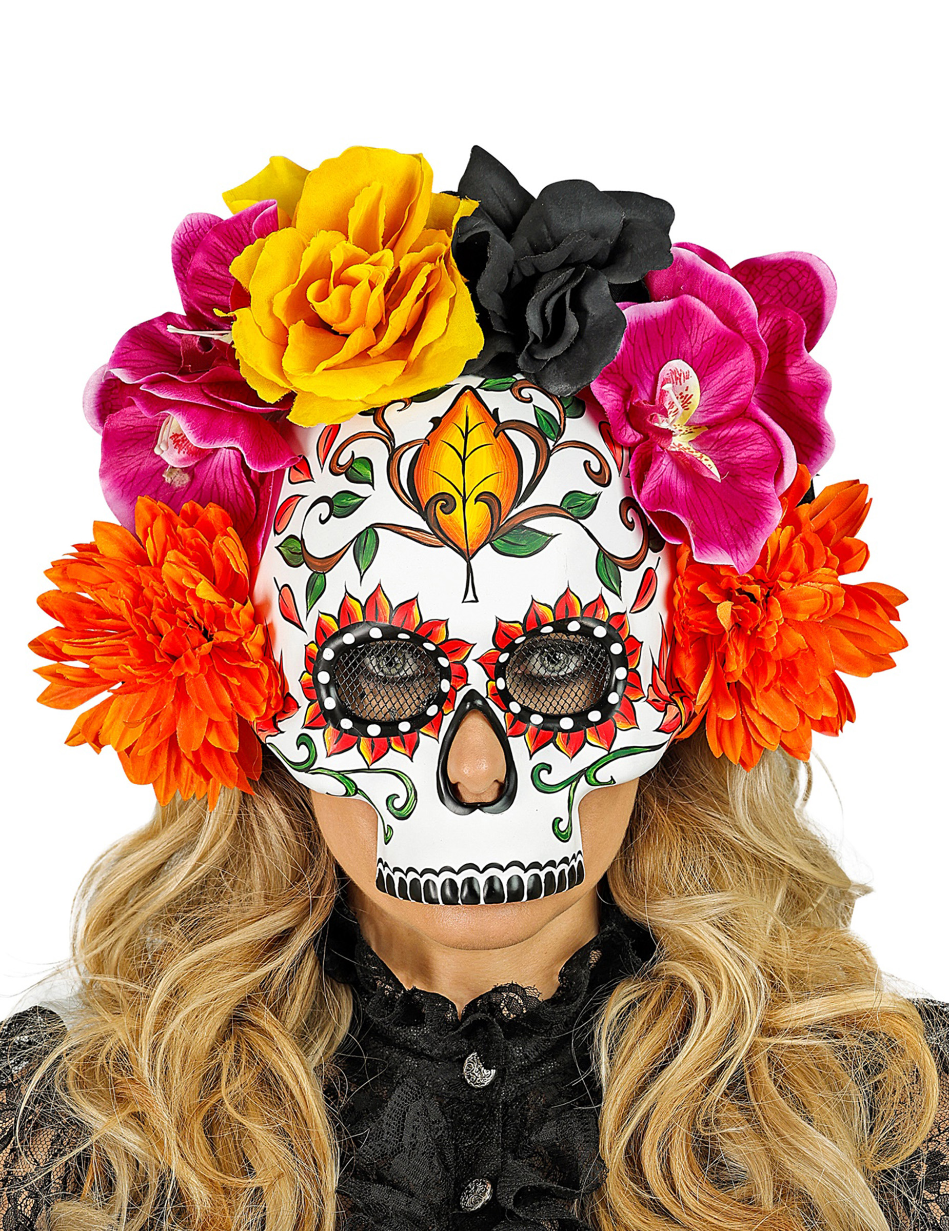 Demi masque crâne avec fleurs colorées adulte