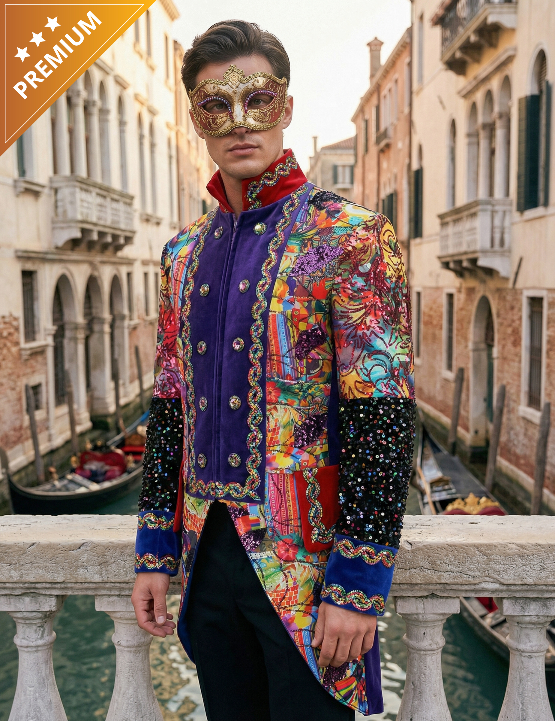 Veste de carnaval homme style Fiesta Carnavale multicolore haut de gamme