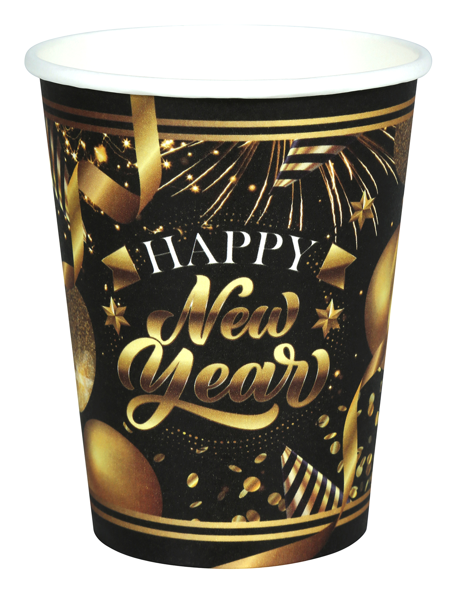 6 Gobelets en carton Happy new year noir et or 240 ml